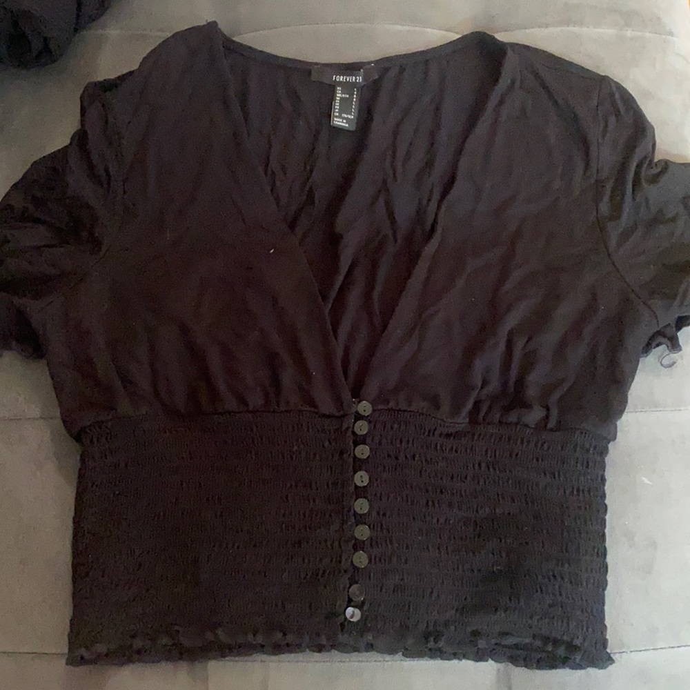 Forever 21 - Black V Neck Button Front Crop Top